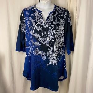 SIMPLY ASTER 2x Butterfly Top Curved Hem Blue Black Smooth Poly Blend Tunic